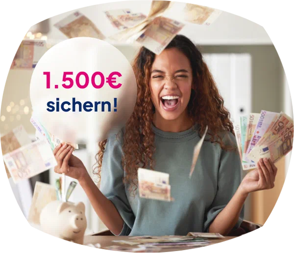 Lachende Frau mit Geldscheinen, 1.500 € sichern